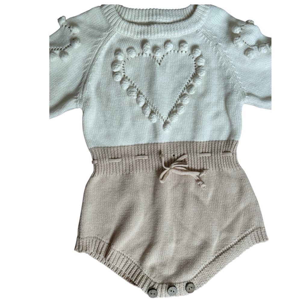 Cozy Knit Heart Long Sleeve Romper - Cream and Tan - Picture 5 of 8